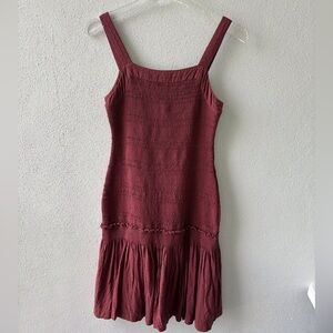 Anthropologie Escondido Smocked Drop Waist Wine Dress XS Square Neck